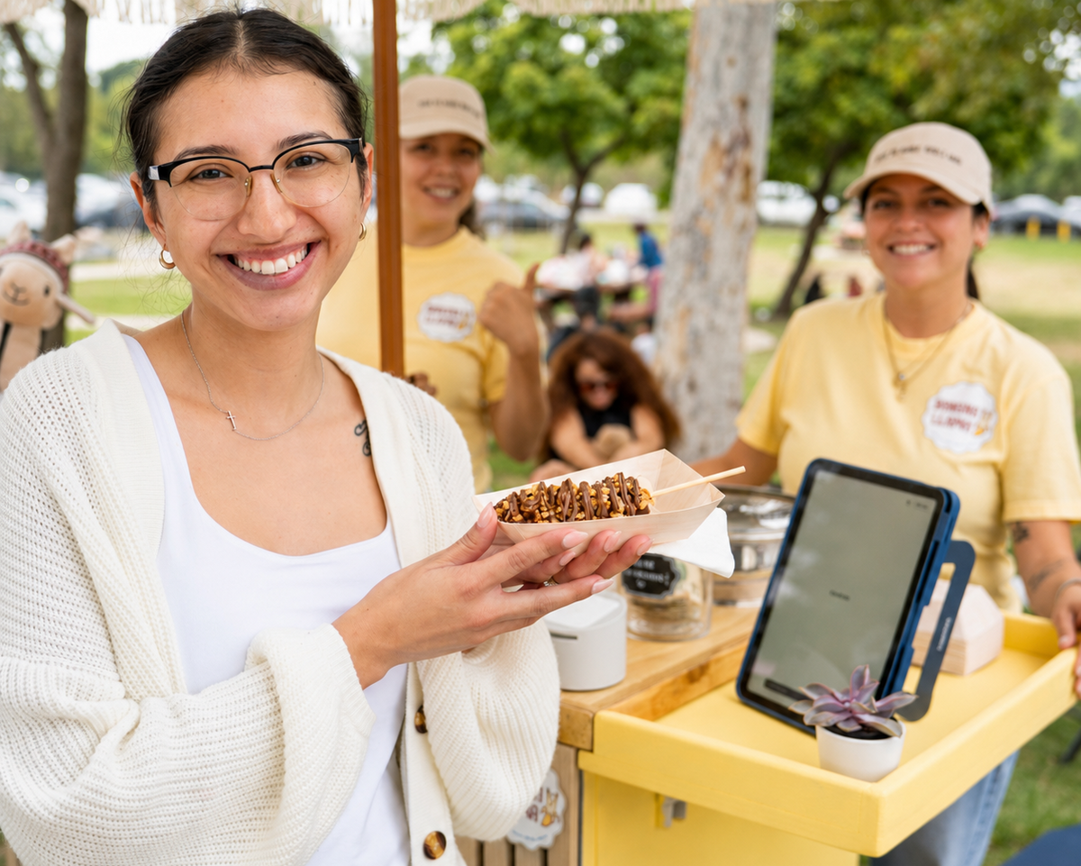 Guest holding tablet ordering from Banana Llama dessert bar

